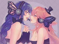Rule 34 | 2girls, alternate costume, bare shoulders, black gloves, breasts, cleavage, commentary, english commentary, fingerless gloves, genshin impact, gloves, headphones, headset, highres, holding hands, jellyponzu, magnet (vocaloid), medium breasts, multiple girls, nail polish, open mouth, parody, pink hair, pink lips, pink nails, purple eyes, purple hair, purple nails, raiden shogun, strapless, style parody, upper body, vocaloid, yae miko, yuri