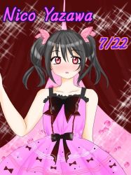 Rule 34 | 1girl, :o, artist name, artist request, bare shoulders, black bow, black hair, blush, bow, breasts, butterfly hair ornament, collarbone, dress, dress bow, female focus, hair bow, hair ornament, looking at viewer, love live!, love live! school idol project, pink dress, pink skirt, raimu mirai02, red eyes, short hair, skirt, small breasts, smile, solo, twintails, yazawa nico