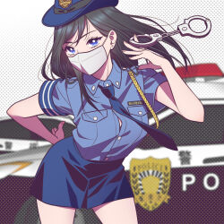 Rule 34 | 1girl, andrian januar adilia, armband, black hair, blue eyes, blue hat, blue necktie, blue skirt, breasts, car, collared shirt, cuffs, handcuffs, hat, highres, holding, holding handcuffs, indonesian commentary, leaning forward, long hair, looking at viewer, mask, medium breasts, motor vehicle, mouth mask, necktie, original, police, police car, police hat, police uniform, policewoman, shirt, short sleeves, skirt, solo, uniform, upper body, white mask