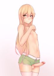 Rule 34 | 1boy, blonde hair, bluefield, blush, erection, eyelashes, gradient background, green eyes, has bad revision, highres, light smile, long hair, male focus, md5 mismatch, navel, nipples, nose blush, original, penis, pink thighhighs, shiny skin, short shorts, shorts, solo, sweat, sweatdrop, testicles, thighhighs, topless male, trap, uncensored, zettai ryouiki