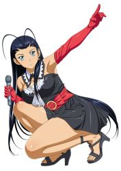 Rule 34 | 00s, 1girl, black dress, black hair, blue eyes, breasts, cleavage, dress, elbow gloves, gloves, holding microphone, ikkitousen, kakouen myousai, large breasts, long hair, looking at viewer, magatama, microphone, red gloves, simple background, solo, strapless, strapless dress, white background