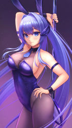 Rule 34 | 1girl, animal ears, arm strap, arm up, azur lane, black pantyhose, blue eyes, blue hair, blue leotard, blue necktie, blush, breasts, cleavage, closed mouth, commentary, covered navel, cowboy shot, detached collar, fake animal ears, floating hair, gradient background, hair between eyes, hair intakes, hand on own hip, headgear, highres, itsuki kunihiro, large breasts, leotard, lips, long hair, looking at viewer, nail polish, necktie, new jersey (azur lane), new jersey (exhilarating steps!) (azur lane), official alternate costume, pantyhose, playboy bunny, pole, purple background, purple nails, rabbit ears, see-through, see-through cleavage, short necktie, sideboob, simple background, skin tight, sleeveless, smile, solo, stripper pole, wing collar, wrist cuffs