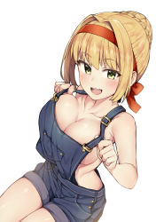 Rule 34 | 1girl, bare shoulders, blush, braid, breasts, cleavage, collarbone, commentary request, fate/zero, fate (series), french braid, green eyes, hair intakes, hairband, highres, jp06, large breasts, legs together, looking at viewer, naked overalls, nero claudius (fate), nero claudius (fate) (all), nero claudius (fate/extra), open mouth, overalls, red hairband, round teeth, shiny skin, simple background, smile, solo, teeth, tsurime, upper teeth only, white background