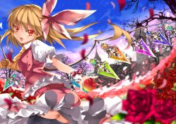 Rule 34 | 1girl, :d, ascot, black thighhighs, blonde hair, blush, fang, female focus, flandre scarlet, flower, hair ribbon, karlwolf, long hair, looking at viewer, no headwear, no headwear, open mouth, petals, red eyes, red flower, red rose, revision, ribbon, rose, side ponytail, skirt, smile, solo, thighhighs, touhou, wind, wings