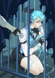 Rule 34 | 1boy, absurdres, arm belt, bill cipher, black footwear, black gloves, black headwear, black shorts, black socks, blue eyes, blue hair, blue vest, broken, broken chain, cage, chain, clenched teeth, collared shirt, cross, cross earrings, crying, crying with eyes open, cuffs, curtains, earrings, eyepatch, from side, full body, giving, gloves, gravity falls, hair over shoulder, hand up, hat, highres, in cage, jewelry, kneehighs, legwear garter, long hair, long sleeves, looking at viewer, male focus, mini hat, mini top hat, on ground, one eye covered, out of frame, personification, pointy ears, ponytail, reverse falls (gravity falls), rjun1431, seiza, shackles, shirt, shoes, shorts, sitting, socks, solo focus, tailcoat, tears, teeth, tight clothes, top hat, vest, white shirt, will cipher