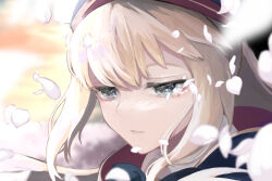 Rule 34 | 1girl, absurdres, artoria caster (fate), artoria caster (second ascension) (fate), artoria pendragon (fate), beret, blonde hair, blue eyes, blurry, blurry background, falling petals, fate/grand order, fate (series), floating hair, hat, highres, long hair, looking down, parted lips, petals, portrait, sidelocks, solo, suzukano pon, swept bangs, tears