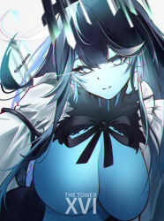 Rule 34 | 1girl, absurdres, arbiter the tower xvi (azur lane), azur lane, black hair, blue eyes, bow, bowtie, breasts, commission, crown, glowing, glowing eyes, highres, large breasts, long hair, long sleeves, looking at viewer, masamura (masamura eliza), multicolored hair, siren (azur lane), smile, solo, white background