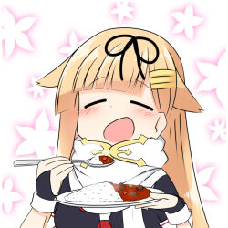 Rule 34 | 1girl, black gloves, black ribbon, black serafuku, blonde hair, blush, closed eyes, commentary, curry, curry rice, eating, fingerless gloves, floral background, food, gloves, hair flaps, hair ornament, hair ribbon, hairclip, happy, holding, holding plate, holding spoon, kantai collection, long hair, neckerchief, open mouth, plate, red neckerchief, ribbon, rice, scarf, school uniform, serafuku, sira, smile, solo, spoon, steam, upper body, white scarf, yuudachi (kancolle), yuudachi kai ni (kancolle)