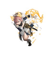 Rule 34 | 1girl, ahoge, animal ears, ankle boots, boots, brown eyes, brown hair, burnt clothes, dress, fire emblem, fire emblem heroes, full body, gloves, gold trim, hand on own chest, highres, kozaki yuusuke, leg up, long sleeves, nintendo, non-web source, official art, one eye closed, parted lips, ratatoskr (fire emblem), short dress, skirt, solo, squirrel ears, squirrel tail, sweat, sweatdrop, tail, torn clothes, torn skirt, transparent background, white gloves
