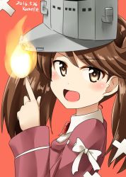 Rule 34 | 10s, 1girl, :d, brown eyes, brown hair, dated, eyebrows, highres, index finger raised, japanese clothes, kamelie, kantai collection, kariginu, long sleeves, looking at viewer, magic, onmyouji, open mouth, red background, ryuujou (kancolle), shikigami, signature, simple background, smile, solo, twintails, upper body, visor cap