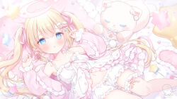 Rule 34 | 1girl, blonde hair, bloomers, blue eyes, bow, camisole, commentary, hair bow, hair ribbon, halo, jacket, long hair, midriff, omochi monaka, open clothes, open jacket, open mouth, original, pillow, pink jacket, pink ribbon, ribbon, solo, stuffed animal, stuffed cat, stuffed toy, symbol-only commentary, twintails, underwear, white bloomers, white camisole