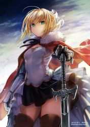 Rule 34 | 1girl, ahoge, black skirt, blue sky, brown thighhighs, cape, closed mouth, commission, day, flock, gauntlets, hand on hilt, highres, komota (kanyou shoujo), looking at viewer, miniskirt, original, outdoors, planted, planted sword, planted weapon, red cape, shirt, skeb commission, skirt, sky, solo, sword, thighhighs, weapon, white shirt
