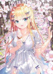 Rule 34 | 1girl, absurdres, blonde hair, blue eyes, blue ribbon, breasts, cherry blossoms, cherry tree, cleavage, collarbone, dress, falling petals, food, hair ribbon, highres, ice cream, ice cream cone, long hair, looking at viewer, na kyo, open mouth, original, outdoors, petals, ribbon, short sleeves, solo, white dress