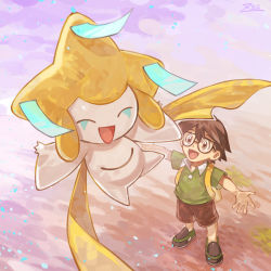 Rule 34 | 1boy, :d, black-framed eyewear, brown eyes, brown hair, brown shorts, collared shirt, commentary request, creatures (company), game freak, gen 3 pokemon, glasses, green shirt, happy, jirachi, legendary pokemon, male focus, max (pokemon), mythical pokemon, nintendo, open mouth, outstretched arms, oyasuminjyutsu, pokemon, pokemon: jirachi: wish maker, pokemon (anime), pokemon (creature), pokemon rse (anime), shirt, shoes, short hair, short sleeves, shorts, signature, smile, standing, tongue