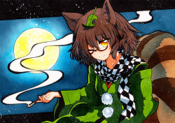 Rule 34 | 1girl, animal ears, black border, border, brown hair, checkered clothes, checkered scarf, closed mouth, full moon, futatsuiwa mamizou, glasses, green sleeves, green sweater, hair between eyes, hand up, leaf, leaf on head, long sleeves, looking at viewer, moon, night, night sky, one eye closed, pom pom (cheerleading), qqqrinkappp, scarf, short hair, sitting, sky, smile, smoke, solo, sweater, tail, touhou, traditional media, yellow eyes, yellow moon