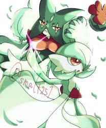 Rule 34 | 1girl, 1other, :&lt;, animal hands, animal nose, arm at side, arm up, artist name, bob cut, body fur, closed mouth, colored skin, creatures (company), fang, flat chest, floating, floating object, furry, game freak, gardevoir, gen 3 pokemon, green fur, green hair, green skin, green theme, hair over one eye, highres, meowscarada, multicolored skin, nintendo, one eye covered, open mouth, pokemon, pokemon (creature), red eyes, short hair, signature, skin fang, sparkle, sumaruto, twitter username, two-tone skin, white skin