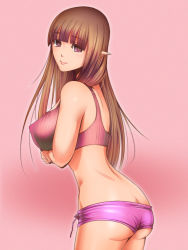 Rule 34 | 1girl, ass, bad id, bad pixiv id, breast hold, breasts, brown eyes, brown hair, butt crack, cnj (artist), covered erect nipples, elf, highres, large breasts, long hair, original, pink background, pointy ears, short shorts, shorts, simple background, smile, solo