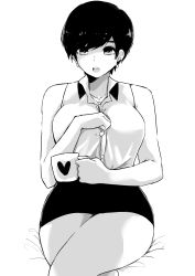 Rule 34 | 1girl, absurdres, bare shoulders, black hair, black skirt, breasts, collarbone, collared shirt, cup, earrings, greyscale, hand on own chest, heart, heart print, highres, holding, holding cup, holding mug, jewelry, large breasts, crossed legs, looking at viewer, medium breasts, miniskirt, monochrome, mug, norman maggot, office lady, olive laurentia, open mouth, original, pencil skirt, pixie cut, shirt, short hair, simple background, sitting, skirt, sleeveless, sleeveless shirt, solo, white background