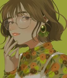 Rule 34 | 1girl, blouse, brown eyes, brown hair, commentary, earrings, food print, glasses, green background, green nails, green shirt, hand up, highres, jewelry, long sleeves, looking at viewer, mole, mole on cheek, multiple rings, nail polish, orange lips, original, ring, shirt, short hair, simple background, solo, tori no 3046, turtleneck, upper body