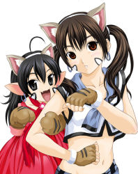 Rule 34 | 2girls, animal ears, animal hands, black eyes, black hair, brown eyes, brown hair, cat ears, crop top, dress, earrings, facial mark, fang, fingerless gloves, gloves, hairband, jewelry, locked arms, looking at viewer, map (blue catty), midriff, multiple girls, navel, paw gloves, pointy ears, red dress, sailor collar, simple background, sleeveless, twintails, white background