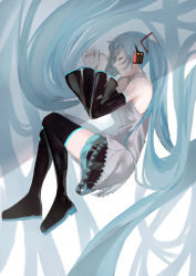 Rule 34 | 1girl, absurdly long hair, absurdres, black footwear, black skirt, black sleeves, blue hair, boots, closed eyes, closed mouth, commentary, detached sleeves, fetal position, grey shirt, hair between eyes, hair ornament, hatsune miku, headphones, highres, long hair, long sleeves, miniskirt, number tattoo, pleated skirt, potetoneko, profile, shirt, shoulder tattoo, skirt, sleeping, sleeveless, sleeveless shirt, solo, tattoo, thigh boots, thighhighs, twintails, very long hair, vocaloid, zettai ryouiki