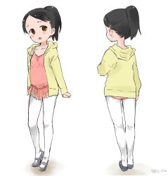 Rule 34 | 1girl, :o, bad id, bad pixiv id, ballerina, ballet, ballet slippers, black hair, blush, brown eyes, child, flat chest, from behind, hair ornament, hairclip, high ponytail, hood, hoodie, leotard, looking at viewer, multiple views, open clothes, open hoodie, open mouth, original, pantyhose, parka, ponytail, see-through, shoes, short hair, signature, skirt, soumatou (mayoibashi), standing, swept bangs, thigh gap, tiptoes, torii hisshi, turnaround, white pantyhose