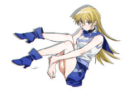 Rule 34 | 1girl, 203wolves, ankle boots, bare arms, bare legs, bare shoulders, blonde hair, blue footwear, blue skirt, boots, breasts, buttons, closed mouth, commentary request, duel academy uniform (yu-gi-oh! gx), full body, high heel boots, high heels, highres, long hair, long legs, looking at viewer, medium breasts, miniskirt, pencil skirt, sailor collar, shadow, shiny skin, signature, simple background, skirt, sleeveless, tenjouin asuka, thighs, turtleneck, uniform, yellow eyes, yu-gi-oh!, yu-gi-oh! gx