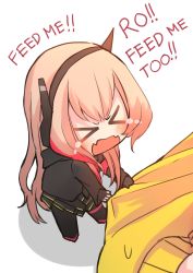 Rule 34 | &gt; &lt;, 2girls, absurdres, armband, black jacket, blush, chibi, commentary, english commentary, english text, girls&#039; frontline, headgear, highres, hinagi (fox priest), jacket, long hair, long sleeves, m4 sopmod ii (girls&#039; frontline), multicolored hair, multiple girls, open mouth, pink hair, red hair, ro635 (girls&#039; frontline), simple background, skirt, standing, streaked hair, tears, two-tone hair, white background