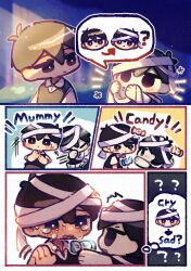 Rule 34 | 2boys, ?, ??, black eyes, black hair, black sweater vest, blush, candy, closed mouth, collared shirt, colored skin, comic, crying, crying with eyes open, english text, food, highres, holding, holding candy, holding food, looking at another, multiple boys, mummy costume, omori, omori (omori), parted lips, shirt, short hair, short sleeves, speech bubble, sunny (omori), sweater vest, tears, thought bubble, wakame (vhai26uhykmqb9k), white shirt, white skin