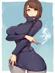 Rule 34 | 1girl, arm under breasts, between fingers, blue background, blue coat, border, breasts, brown eyes, brown hair, cigarette, coat, fumio (rsqkr), highres, holding, holding cigarette, ieiri shoko, jujutsu kaisen, large breasts, lips, looking at viewer, pantyhose, parted lips, short hair, skirt, white border, white pantyhose