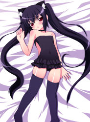 Rule 34 | 1girl, :o, animal ears, bare shoulders, bed sheet, black hair, blush, casual one-piece swimsuit, cat ears, chirorian, choker, frilled swimsuit, frills, kooh, long hair, navel, one-piece swimsuit, pangya, red eyes, sidelocks, solo, swimsuit, thighhighs, twintails, very long hair