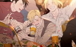 Rule 34 | 3boys, alcohol, alphonse elric, beer, black hair, blonde hair, blush, bottle, brothers, drinking, edward elric, elbows on table, closed eyes, food, fullmetal alchemist, glass, grey shirt, happy, ling yao, long sleeves, male focus, multiple boys, open mouth, p0ckylo, party, ponytail, shirt, short hair, siblings, smile, sunlight, sweatdrop, waistcoat, white shirt