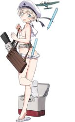 Rule 34 | 10s, 1girl, ahoge, bad id, bad twitter id, bag, bikini, bikini pull, bikini skirt, butt crack, character name, clothes pull, clothes writing, embarrassed, from side, full body, hat, kantai collection, kneepits, motion blur, official art, shimada fumikane, shoulder bag, solo, standing, standing on one leg, surprised, swimsuit, transparent background, white bikini, white hat, wide-eyed, z1 leberecht maass (kancolle)