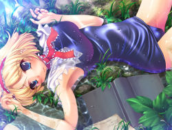 Rule 34 | 1girl, alice margatroid, blush, book, duplicate, female focus, hairband, ichio, jpeg artifacts, one-piece swimsuit, school swimsuit, shiny clothes, solo, swimsuit, touhou, water, wet, wet clothes