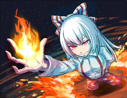 Rule 34 | 1girl, bow, fire, foreshortening, from above, fujiwara no mokou, hair bow, horaemon03, long hair, open hand, pants, red eyes, ribbon, silver hair, smile, solo, suspenders, touhou, very long hair