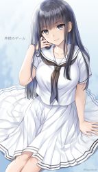 Rule 34 | 1girl, arm support, black hair, black neckerchief, blouse, blush, breasts, closed mouth, collarbone, commentary request, feet out of frame, grey eyes, hagino kouta, hand up, highres, long hair, looking at viewer, medium breasts, neckerchief, original, pleated skirt, sailor collar, school uniform, serafuku, shirt, sitting, skirt, smile, solo, translation request, very long hair, white sailor collar, white serafuku, white shirt, white skirt