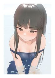 Rule 34 | 1girl, bare shoulders, black hair, blue one-piece swimsuit, blunt bangs, brown eyes, clothes pull, commentary request, eyebrows hidden by hair, hatsuyuki (kancolle), highres, hime cut, kantai collection, long hair, looking to the side, one-piece swimsuit, one-piece swimsuit pull, partially submerged, sakieko, school swimsuit, solo, swimsuit, water