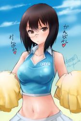 Rule 34 | 10s, 1girl, alternate costume, artist name, bare shoulders, blush, breasts, brown eyes, brown hair, cheerleader, cloud, cloudy sky, crop top, covered erect nipples, girls und panzer, haruhata mutsuki, holding, kawashima momo, looking at viewer, midriff, miniskirt, monocle, navel, outdoors, pleated skirt, pom pom (cheerleading), shirt, short hair, signature, skirt, sky, sleeveless, solo, standing, sweatdrop, taut clothes, taut shirt, translation request, upper body
