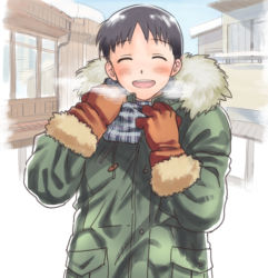 1boy ayanashi_kunio black_hair blush breath coat closed_eyes gloves ikari_shinji male_focus neon_genesis_evangelion open_mouth short_hair smile solo winter