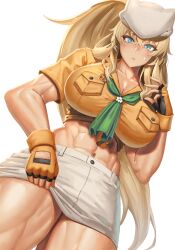 Rule 34 | 1girl, abs, absurdres, barghest (fate), barghest (swimsuit archer) (fate), biceps, blonde hair, blush, breasts, cleavage, fate/grand order, fate (series), fingerless gloves, gloves, green eyes, grey hat, grey skirt, hat, high ponytail, highres, huge breasts, long hair, looking at viewer, midriff, miniskirt, muscular, muscular female, navel, neckerchief, pencil skirt, ranma (kamenrideroz), shirt, short sleeves, sidelocks, skirt, solo, thick thighs, thighs, tied shirt, yellow gloves, yellow shirt