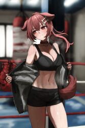 Rule 34 | 1girl, absurdres, alternate costume, animal ears, blurry, blurry background, blush, boxing gloves, boxing ring, breasts, brown eyes, brown hair, expressionless, failose, highres, hololive, inugami korone, medium breasts, navel, shorts, sweat, tail, virtual youtuber