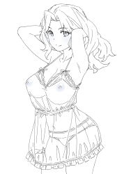Rule 34 | 1girl, armpits, arms behind head, breasts, cowboy shot, dress, girls und panzer, greyscale, highres, kay (girls und panzer), large breasts, lineart, long hair, looking at viewer, monochrome, navel, nipples, onsen tamago (hs egg), panties, see-through, see-through dress, simple background, smile, solo, underwear, white background