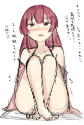 Rule 34 | 1girl, absurdres, barefoot, blush, clochetteravine, collarbone, detached sleeves, diaper, dress, embarrassed, have to pee, heterochromia, highres, hololive, houshou marine, long sleeves, looking at viewer, open mouth, pink dress, red eyes, red hair, sitting, sleeveless, sleeveless dress, virtual youtuber, white background, yellow eyes