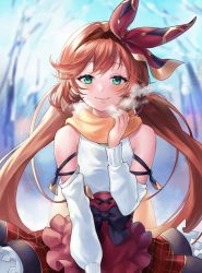 Rule 34 | 1girl, apron, bare tree, blurry, blurry background, blush, breath, brown apron, brown hair, brown hairband, brown scarf, clarisse (granblue fantasy), closed mouth, depth of field, frilled apron, frills, granblue fantasy, green eyes, hair intakes, hair ribbon, hairband, hand up, highres, long hair, long sleeves, low twintails, outdoors, red ribbon, red skirt, ribbon, scarf, shiao, shirt, skirt, sleeveless, sleeveless shirt, smile, solo, tree, twintails, very long hair, waist apron, white shirt, white sleeves