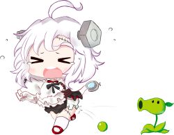 Rule 34 | &gt; &lt;, 1girl, ahoge, azur lane, bailingxiao jiu, black skirt, bloomers, blush, bolt (hardware), chibi, closed eyes, crossover, detached sleeves, fleeing, high-waist skirt, highres, kneehighs, long sleeves, mary janes, open mouth, outstretched arms, peashooter (pvz), plants vs zombies, pleated skirt, red footwear, running, shirt, shoes, skirt, sleeves past fingers, sleeves past wrists, socks, stitches, tears, teeth, terror (azur lane), underwear, upper teeth only, white bloomers, white shirt, white socks