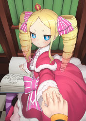 Rule 34 | 10s, 1girl, artist name, beatrice (re:zero), blonde hair, blue eyes, book, bug, butterfly, butterfly-shaped pupils, capelet, copyright name, crown, drill hair, from side, frown, hair ribbon, highres, holding hands, insect, k jin, long hair, looking at viewer, mini crown, natsuki subaru, open book, pantyhose, pom pom (clothes), pov, pov hands, purple pantyhose, re:zero kara hajimeru isekai seikatsu, ribbon, sidelocks, signature, sitting, solo focus, striped clothes, striped pantyhose, symbol-shaped pupils, twin drills