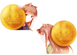 Rule 34 | 1girl, animal ears, blue shirt, brown hair, closed mouth, coin, fudo shin, gold coin, green shirt, highres, holo, jewelry, long hair, looking at viewer, multiple views, necklace, portrait, pouch, profile, red eyes, shirt, simple background, smile, spice and wolf, white background, wolf ears