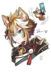 Rule 34 | 1boy, animal ears, blue eyes, brown hair, closed mouth, dog boy, dog ears, genshin impact, gorou (genshin impact), highres, looking away, multicolored hair, short hair, signature, simple background, smile, solo, tama (songe), white background, white hair