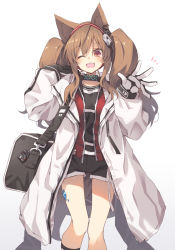 Rule 34 | 1girl, ;d, angelina (arknights), animal ears, arknights, bag, black bag, black gloves, black shirt, black shorts, black socks, brown hair, coat, duffel bag, earpiece, feet out of frame, fox ears, gloves, hairband, hand up, hands up, highres, long hair, material growth, one eye closed, open clothes, open coat, open mouth, oripathy lesion (arknights), red eyes, red hairband, satou kibi, shirt, shorts, shoulder bag, sidelocks, simple background, smile, socks, solo, striped clothes, striped hairband, teeth, twintails, two-tone gloves, upper teeth only, waving, white background, white coat, white gloves