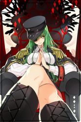 Rule 34 | 1girl, boots, c.c., code geass, creayus, eyepatch, green hair, hat, long hair, looking at viewer, smile, solo, yellow eyes
